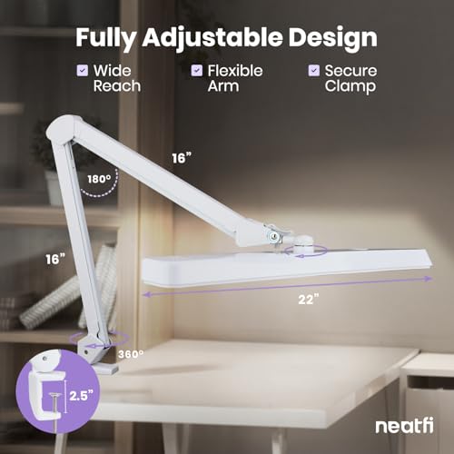 Neatfi XL 2,500 Lumens 30W LED Task Lamp for Manicure Table, Crafts, Workbench, Office – 22” Wide Shade Desk Light | Eye-Caring 6500K | 4-Level Brightness (White, Non-CCT with Clamp) - color: White