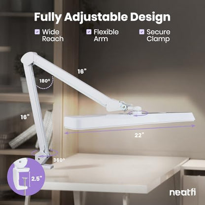 Neatfi XL 2,500 Lumens 30W LED Task Lamp for Manicure Table, Crafts, Workbench, Office – 22” Wide Shade Desk Light | Eye-Caring 6500K | 4-Level Brightness (White, Non-CCT with Clamp) - color: White