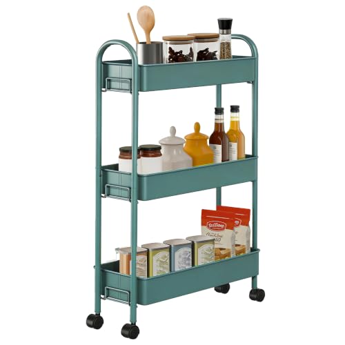 Slim Rolling Cart, Metal Frame Utility Rolling 3-Tier Narrow Storage Cart | Kitchen Storage Organizer, Mobile Shelving Unit for Bathroom Kitchen - color: Emerald Green