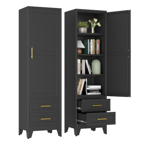 67" Tall Narrow Metal Storage Cabinet, Freestanding Pantry Organizer, Black | Slim Bathroom Cabinets with 2 Drawers & 3 Adjustable Shelves, Multi-Use Cupboard for Kitchen Office Living＆ Dining Room - color: Black - a, size: 15.7"D x 19.7"W x 67"H
