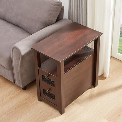 HDDDZSW Farmhouse XXL End Table with Charging Station, Narrow Side Table with USB Ports and Outlets, Nightstand with 2 Drawers Storage, Bedside Tables for Living Room, Bedroom, Rustic Cherry | Farmhouse Narrow Side Table with USB Ports and Outlets, Nights