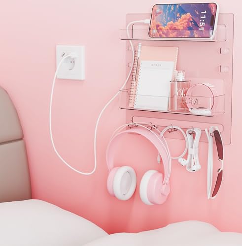 Bedside Shelf for Dorm Bed,Rv,Small Room and Nightstand,Wall Mounted Floating Shelves and Bedside Wall Organizer for Remote,Phone Holder,Charging Shelf,Cute Bedroom Decor for College Girl,Clear