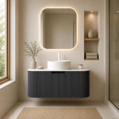 30" Floating Bathroom Vanity with Sink, Wall Mounted Plywood Cabinet, Black Fluted Front, Sintered Stone Countertop, White Round Ceramic Vessel Sink, Soft-Close Drawer, Pre-Assembled - color: Black Cabinet / White Sink, size: 30 Inch