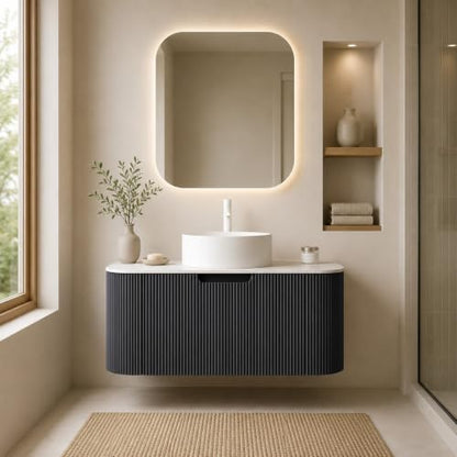 30" Floating Bathroom Vanity with Sink, Wall Mounted Plywood Cabinet, Black Fluted Front, Sintered Stone Countertop, White Round Ceramic Vessel Sink, Soft-Close Drawer, Pre-Assembled - color: Black Cabinet / White Sink, size: 30 Inch