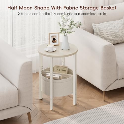 Small Round Side Table End Table, Tall Accent Table with Storage Basket, Set of 2 Half Round Tables Half Moon Tables, Coffee Bedside Tables, Modern Nightstand for Living Room Bedroom, Cream - color: Cream White