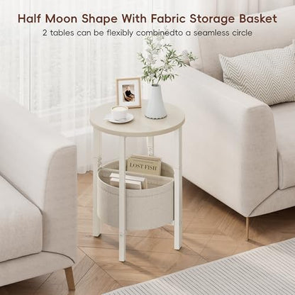 Small Round Side Table End Table, Tall Accent Table with Storage Basket, Set of 2 Half Round Tables Half Moon Tables, Coffee Bedside Tables, Modern Nightstand for Living Room Bedroom, Cream - color: Cream White