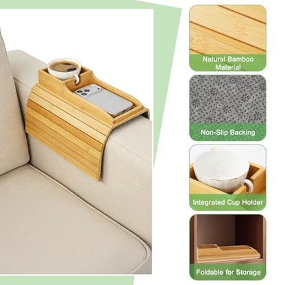 RETON 2 Pack Bamboo Couch Armrest Tray with Sofa Cup Holder, Anti-Slip Foldable Couch Arm Tray Table Organizer for TV Remote Drinks Cups Cellphone Snacks