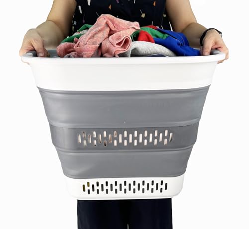 SAMMART 40L (10.5 Gallon) Collapsible Plastic Laundry Basket - Foldable Pop Up Storage Container/Organizer - Portable Laundry Hamper - Space Saving (1, Grey/Steel Grey) - color: Grey/Steel Grey