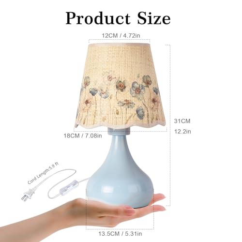 Ziqqeelam Blue Small Bedside Cute Table Lamp for Bedroom, Table Lamps for Nightstand, Scalloped Rattan Shade Table Lamps for Small Spaces for Bedroom, Home Office, Living Room - color: Blue-Flowers, size: On/Off Switch