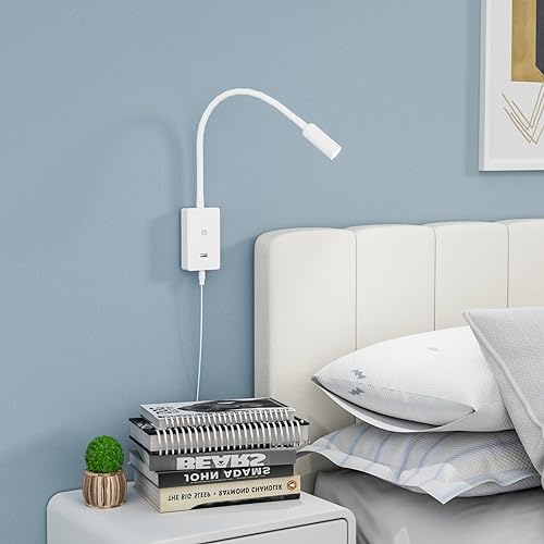 ENUOTEK LED Wall Mounted Reading Light, Bedside Book Lights with Wireless Remote Control for Bed, Flexible Bedroom Spot Lamp, Dimmable Neutral White 4000K Lighting, Timer Function, 5V 2A USB Output - color: White