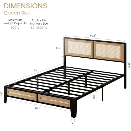 LIKIMIO Queen Rattan Bed Frame with Headboard, Boho Metal Platform Bed | Rattan headboard, 900 lb support, metal slats, EVA pads, 9.8-inch underbed clearance, no box spring needed. - size: Queen