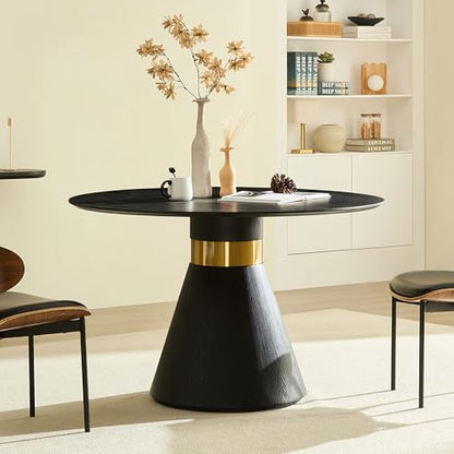 Round Dining Table for 6 People, 47.24 Inches Dining Room Table, Modern Wood Round Kitchen Tables Black Pedestal Base with Gold Trim Ring for Dining Room, Kitchen, Living Room - color: 47.24 Inch Black With Gold Trim
