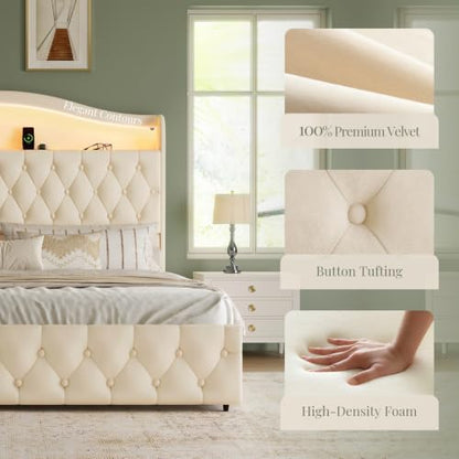 Queen Size Bed Frame and Headboard & 4 Storage Drawers | Upholstered Platform Bed Frame with RGB LED Lights & Charging Station, No Box Spring Needed, Easy Assembly, Noise-Free, Beige