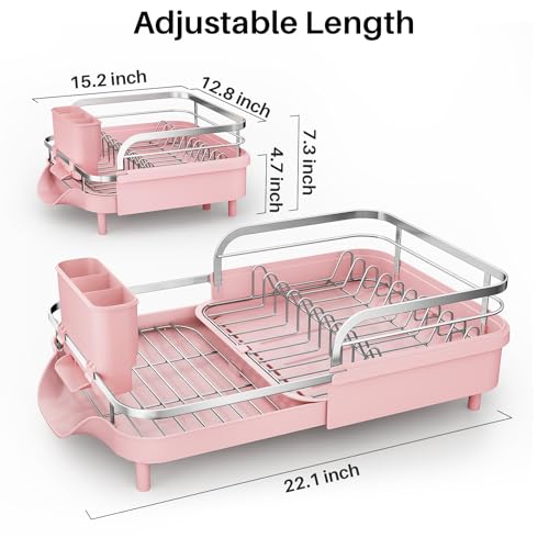 SNTD Dish Drying Rack, Expandable Dish Rack for Kitchen Counter, Stainless Steel Dish Drainer with Drainboard Set and Utensil Holder (Pink) - color: Pink