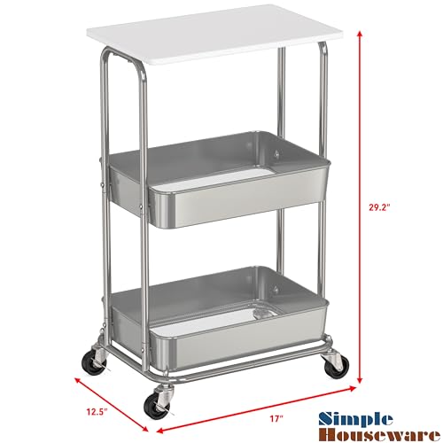 Simple Houseware 2-Tier Rolling Utility Cart Wood Top/Lockable Wheel, White | Metal Storage Organizer Trolley for Kitchen, Bathroom, Office, Craft Room - color: White