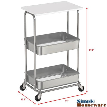 Simple Houseware 2-Tier Rolling Utility Cart Wood Top/Lockable Wheel, White | Metal Storage Organizer Trolley for Kitchen, Bathroom, Office, Craft Room - color: White