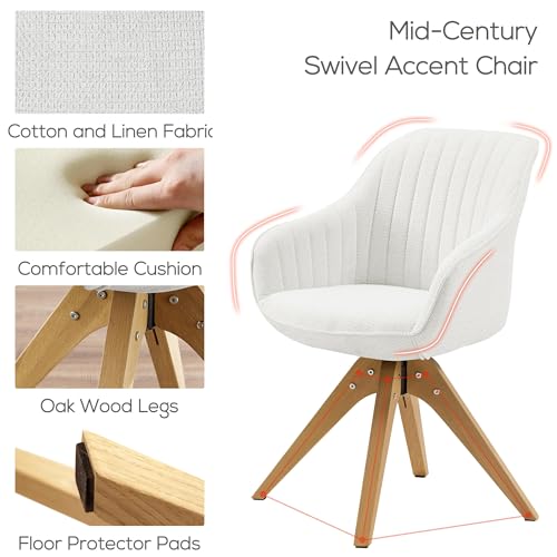 Swivel Desk Chair for Home Office, Fabric, Off White | No Wheels, Oka Wood Legs, Mid Century Modern, Upholstered, 360° Swivel, Accent Chair, Living Room, Bedroom - color: Off White, size: Fabric