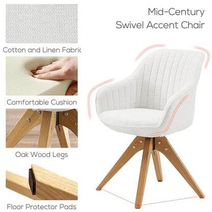 Swivel Desk Chair for Home Office, Fabric, Off White | No Wheels, Oka Wood Legs, Mid Century Modern, Upholstered, 360° Swivel, Accent Chair, Living Room, Bedroom - color: Off White, size: Fabric