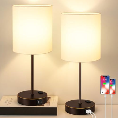 Lynnoland 2 Pack Touch Control Table Lamps with 2 USB & AC Outlet, 3-Way Dimmable Bedside Nightstand Lamps for Bedroom Living Room Nursery, 800 Lumens 3000K Warmlight Bulbs Included - color: (2 Pack)White & Brown and Gold(Base)-3000K Bulbs Included
