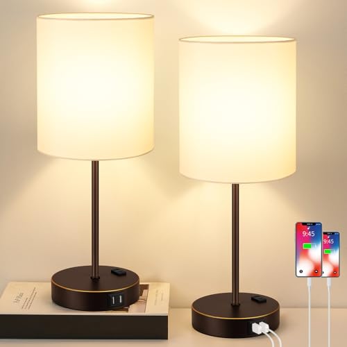 Lynnoland 2 Pack Touch Control Table Lamps with 2 USB & AC Outlet, 3-Way Dimmable Bedside Nightstand Lamps for Bedroom Living Room Nursery, 800 Lumens 3000K Warmlight Bulbs Included - color: (2 Pack)White & Brown and Gold(Base)-3000K Bulbs Included