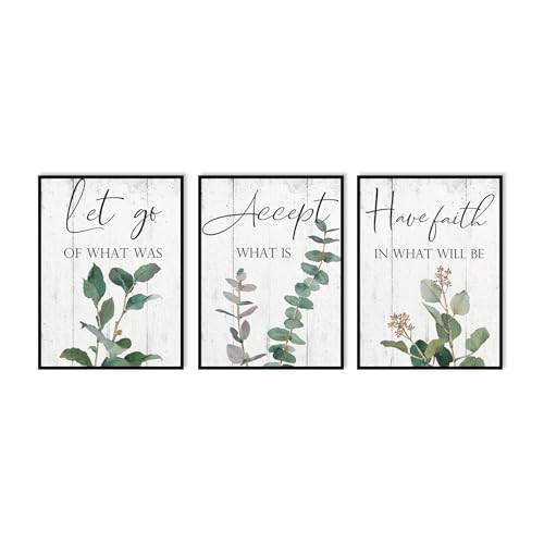1 KINGO Inspirational Wall Art – Set of 3 Boho Eucalyptus Motivational Quotes Framed Art Prints, Let Go Accept Have Faith Positive Affirmation Decor for Home Office Bedroom Living Room, 12x16 Inch - color: 3P Leaves, size: 12W" x 16L" x 3(Frame)