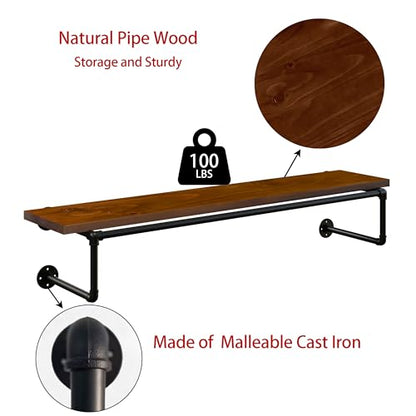 Clothes Rack 48in, Wall Mounted Garment Racks with Real Walnut Wood Shelf, Heavy Duty Hanging Clothes Rack, Multi-Purpose Hanging Rod, Space-Saving Closet Storage - color: Walnut, size: 1T48IN