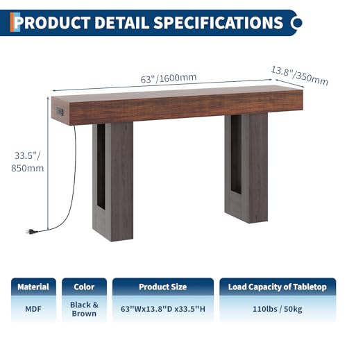 IDEALHOUSE 63" Entryway Table with Power Outlet, Console Table for Entryway | Rustic Brown, Wooden Sofa Table, Narrow Hallway Foyer Table for Entryway, Hallway, Living Room - color: Rustic Brown & Grey