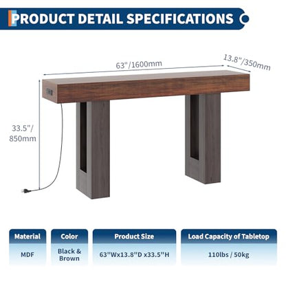 IDEALHOUSE 63" Entryway Table with Power Outlet, Console Table for Entryway | Rustic Brown, Wooden Sofa Table, Narrow Hallway Foyer Table for Entryway, Hallway, Living Room - color: Rustic Brown & Grey