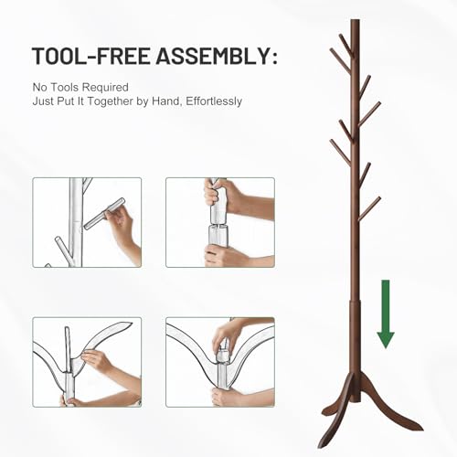 kiplant Bamboo Wood Coat Rack Stand, Freestanding Coat Tree with 8 Hooks, Hallway Entryway Hat Hanger Organizer Standing for Bedroom, Office, Clothes, Jackets, Bags, Umbrallas - color: Brown