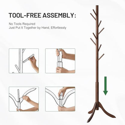 kiplant Bamboo Wood Coat Rack Stand, Freestanding Coat Tree with 8 Hooks, Hallway Entryway Hat Hanger Organizer Standing for Bedroom, Office, Clothes, Jackets, Bags, Umbrallas - color: Brown