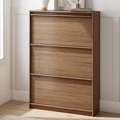 Shoe Cabinet with 3 Flip Drawers, 31.5" W Narrow Shoe Storage Cabinet for Entryway, Slim Shoe Organizer with Adjustable Shelves, Freestanding Shoe Rack for Hallway, Living Room, Walnut - color: Walnut, size: 9.45"D x 31.5"W x 45.47"H