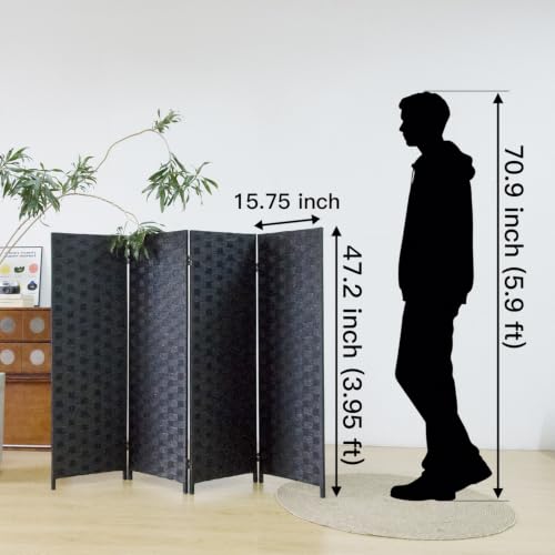 4 Panel Double Sided Short Room Divider for Room Separation, Natural Black Rattan Folding Privacy Screen, Freestanding Partition Screen for Home Office - 3.95 ft Tall - color: Black, size: 4 Panel