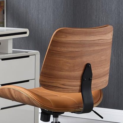 Home Office Desk Chair with Rubber Wheels, Armless Bentwood, Brown | Adjustable Height Armless Office Chair, PU Leather Mid Back 360°Small Computer Chair, No Arms Walnut Seating, 300LBS Support - color: Brown, size: Standard Style