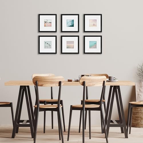 Americanflat 8x8 Picture Frame 6-Pack - Matted to 4x4 - Black | Engineered Wood construction, Shatter-resistant glass, wall or tabletop display with included easel, secure turn-tab backing - color: Black, size: 8X8, style: 6 Pack