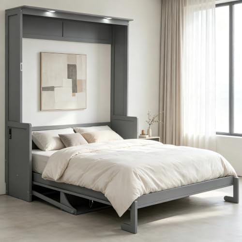 SOFTSEA Queen Size Murphy Wall Bed Frame with Desk, LED Lights, Grey | Space-Saving Vertical Murphy Bed Cabinet with Desk, LED Lights, Charging Station, Hidden Wall Bed for Small Spaces - color: Grey