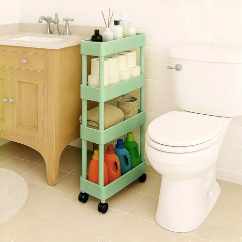 ShellKingdom 4 Tier Bathroom Storage Organizer, Slim Rolling Storage Cart for Narrow Space, Mobile Shelving Unit with Lockable Wheels and Hooks for Bathroom, Kitchen, Laundry Movable Shelf (Green) - color: Green