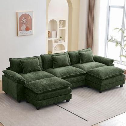120" Modular Sectional Sofa, Comfy Deep Cloud Couch with Ottoman | U-Shaped Couches for Living Room, Modular Couch, Deep and Wide Seat, Chenille Sofa Sleeper with Throw Pillows, Green - color: Green, size: 120 Inch U