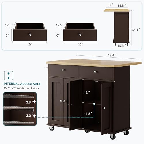Shintenchi Kitchen Island with Drop Leaf, Rolling Kitchen Cart with Storage on Wheels, Table Bar Cart for Kitchen with Towel Rack & Seating Area for Dining Room, Brown - color: Brown