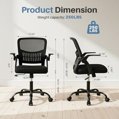 DUMOS Office Chair, Ergonomic Home Desk Chair, Ergonomic Lumbar Support | Height Adjustable, Flip-up Armrest, Rocking Mode, 360 Swivel, Conference Room, Black - color: Black Flip Arm