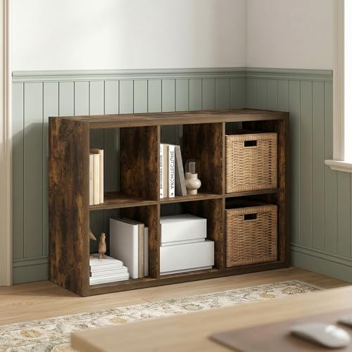 6-Cube Bookshelf, Cubicle Shelf Bookcase with Open Back, Position Reversible Book Shelf, 15 x 44 x 30, for Home Office, Living Room, Amber Pine - color: Amber Pine, size: 6 Cube
