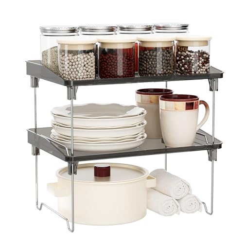 STARLATTA 2 Pcs Cabinet Organizer Shelf，Stackable Kitchen Counter Shelves, Spice Rack,Countertop Organizers，Black Plastic Storage Shelves Rack for Makeup，Bathroom, Cupboard，Desk，Pantry Organization - color: black, size: 2 pack