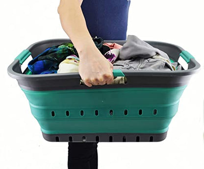 SAMMART 42L (11 gallon) Collapsible Plastic Laundry Basket - Foldable Pop Up Storage Container/Organizer - Portable Basket - Space Saving Hamper/Basket (2, Grey/Turquoise Blue) - color: Grey/Turquoise Blue