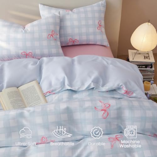 Blue Plaid Pink Bow Duvet Cover Queen Size | Soft Lightweight Microfiber Duvet Cover Set With Zipper Closure, Blue Plaid And Pink Bow Design, Includes 2 Pillowcases - color: Bow-knot, size: Queen(No Comforter)