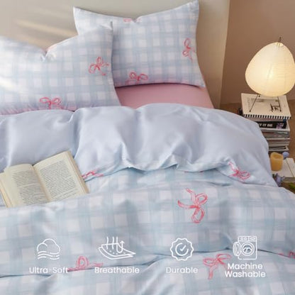 Blue Plaid Pink Bow Duvet Cover Queen Size | Soft Lightweight Microfiber Duvet Cover Set With Zipper Closure, Blue Plaid And Pink Bow Design, Includes 2 Pillowcases - color: Bow-knot, size: Queen(No Comforter)