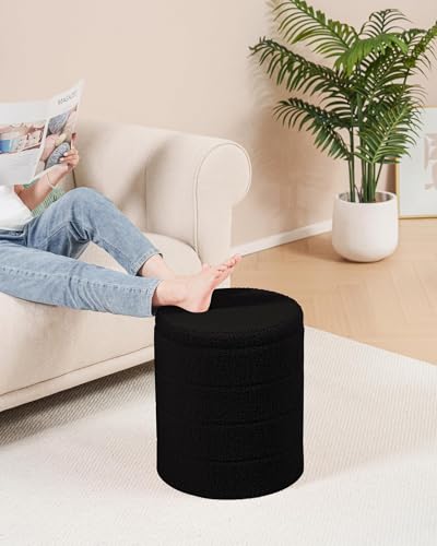 B FSOBEIIALEO Folding Storage Ottoman, Round Sherpa Ottomans, Black | 14.6" Foldable Ottoman With Tray, Boucle Foot Stool, Small Storage Coffee Table for Living Room, Bedroom, Hallway - color: Black, size: 14.6"D x 14.6"W x 17.7"H