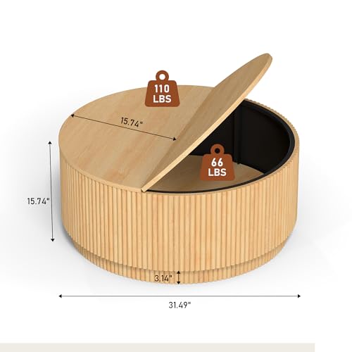 LEVNARY 31.5" Round Coffee Table with Storage, Boho Coffee Tables with Fluted Base, Wooden Circle Accent Center Table for Living Room Small Space Apartment Office (Natural) - color: Natural 31.5" Round Flip-top