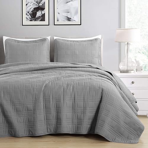 Chezmoi Collection Kingston Queen Size Bedspread Set, 3-Piece Gray Oversized Quilted Microfiber Lightweight Bedspread Coverlet (100"x106") for All Seasons - color: Gray, size: Queen