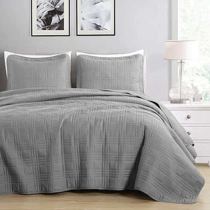 Chezmoi Collection Kingston Queen Size Bedspread Set, 3-Piece Gray Oversized Quilted Microfiber Lightweight Bedspread Coverlet (100"x106") for All Seasons - color: Gray, size: Queen