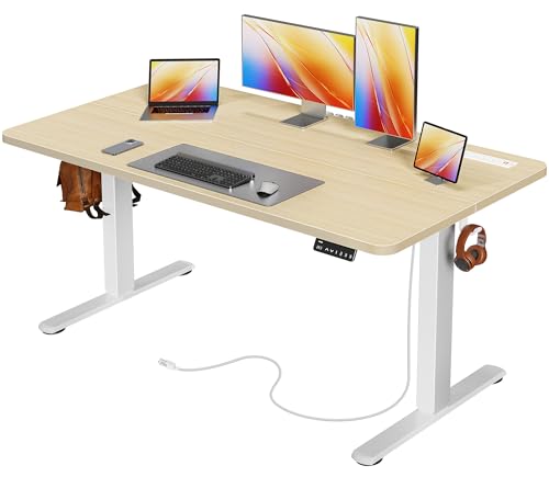 Huuger 전원 콘센트 및 USB-C 포트가 있는 전기 스탠딩 데스크, 139.9 x 61cm(55 x 24인치) 높이 조절 가능한 책상, 홈 오피스, 컴퓨터 및 게이밍 책상용 앉은 스탠드 데스크, 4개의 프리셋, 안정적인 스틸 프레임, Marple - color: Marple, size: 55.1 x 23.6 inch