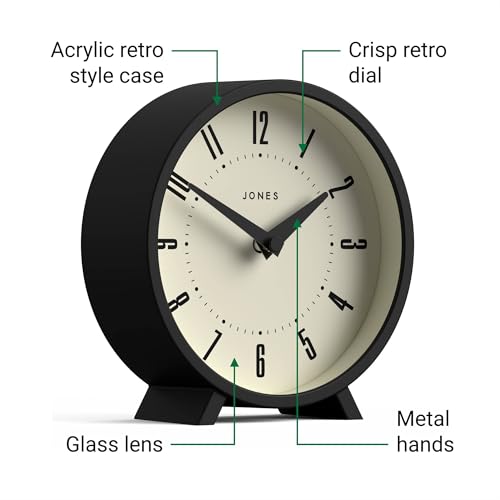 JONES CLOCKS® Venus Desk Clock | Modern Round Design | Black | Stylish Retro Look for Shelf, Table, Mantel or Bedside - color: Black